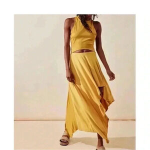 NEW Free People Beach Bethany Midi Dress Cut-Out Asymmetrical Skirt Mustard Sz L